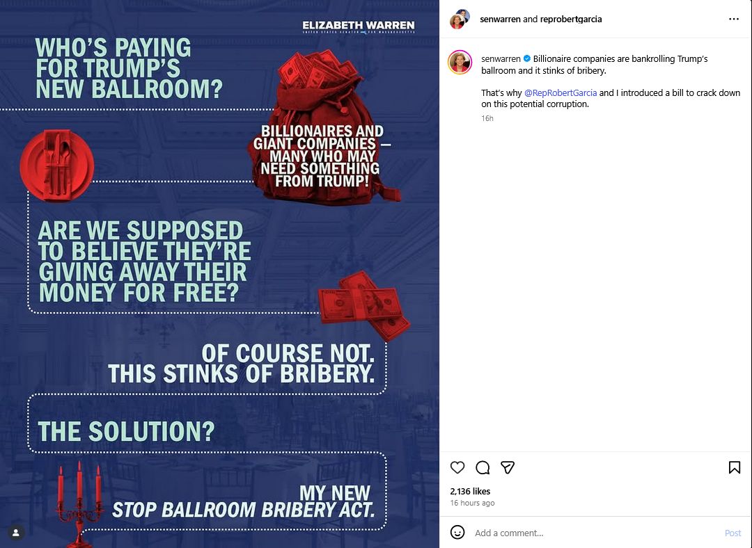 Instagram post by Sen. Warren
https://www.instagram.com/p/DRNX1cdkWiV/