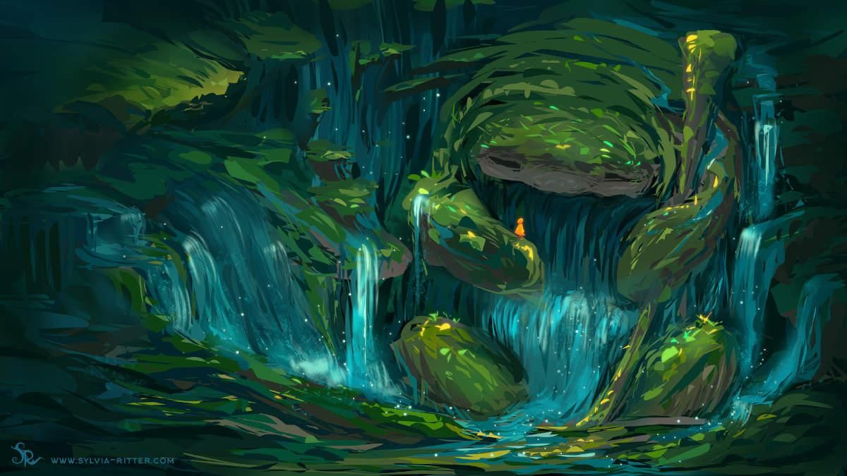 A lush forest scenery with waterfalls surrounding the center of attention. Seeming dissimilar characters are meeting each other for the first time? A friendly old stone lady covered with fancy moss, sitting comfortably, holding a stick in one arm and a tiny person in an orange raincoat in the other. Both look curious at each other. While intrigued by these two creatures and what they are talking about, we will leave them be and let them chat about their marvelous adventures. Maybe they will look up and greet us soon. This is such a peaceful place *sigh.

https://www.deviantart.com/sylviaritter/art/Speedpainting-29012023-947165935