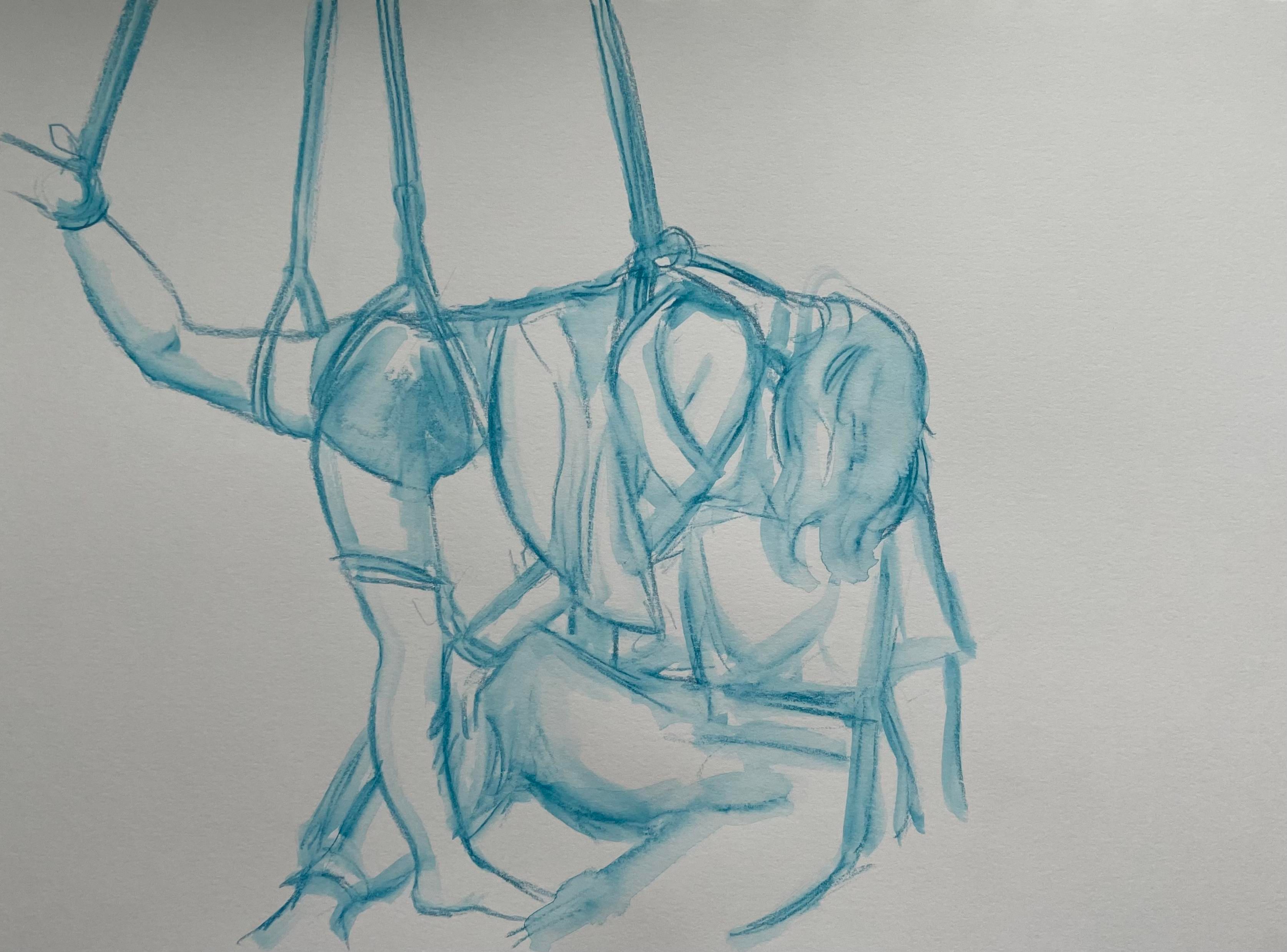 A watercolour pencil figure drawing in teal of a nonbinary person with leg and hips and chest harness suspended by rope, their partner sits below them, their face hidden by hair.