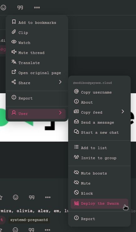 an edited screenshot of a user menu on misskey, the usual options are listed but near the bottom is a cursor hovering over a button labeled "Deploy the Swarm" with a bee icon next to it