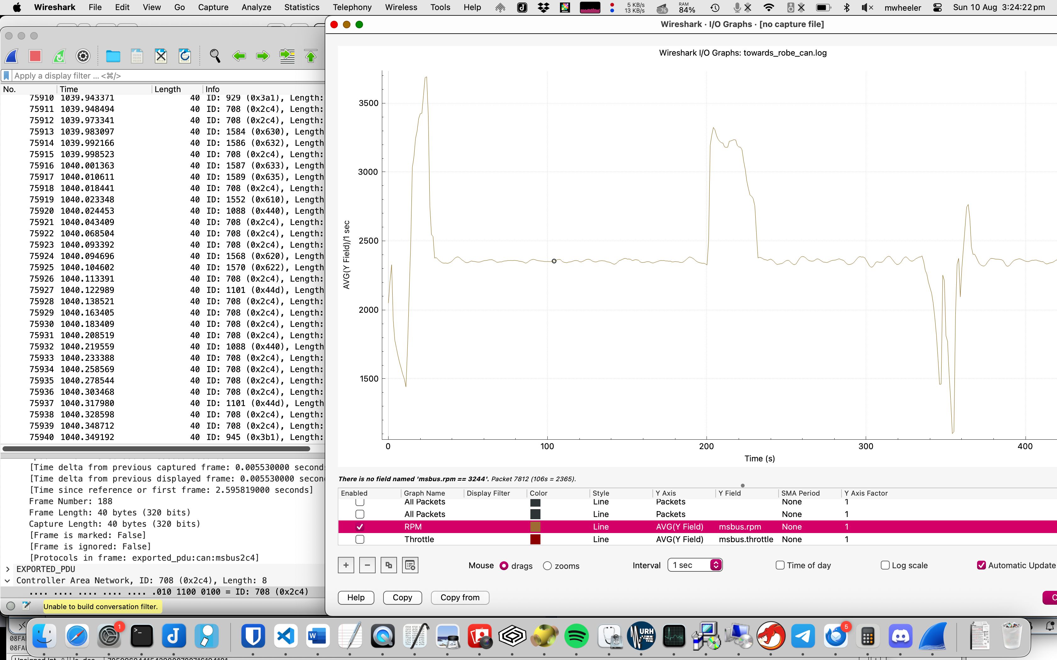 wireshark showing RPM plot of car