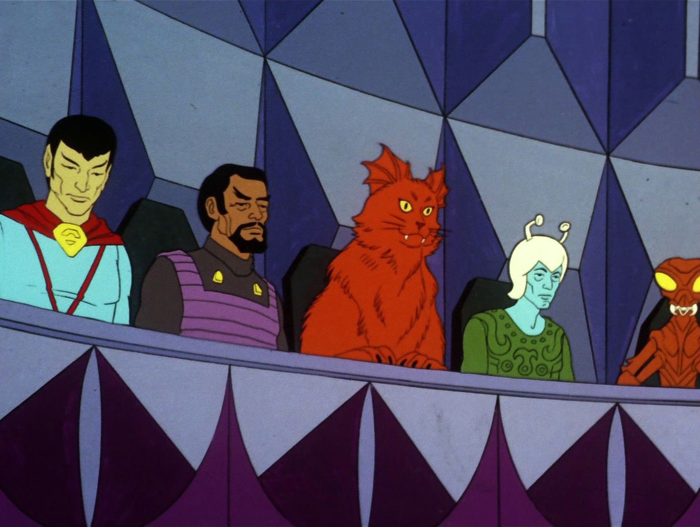 A close up shows the Xerus, Klingon, Kzin, Andorian and insectoid representatives 