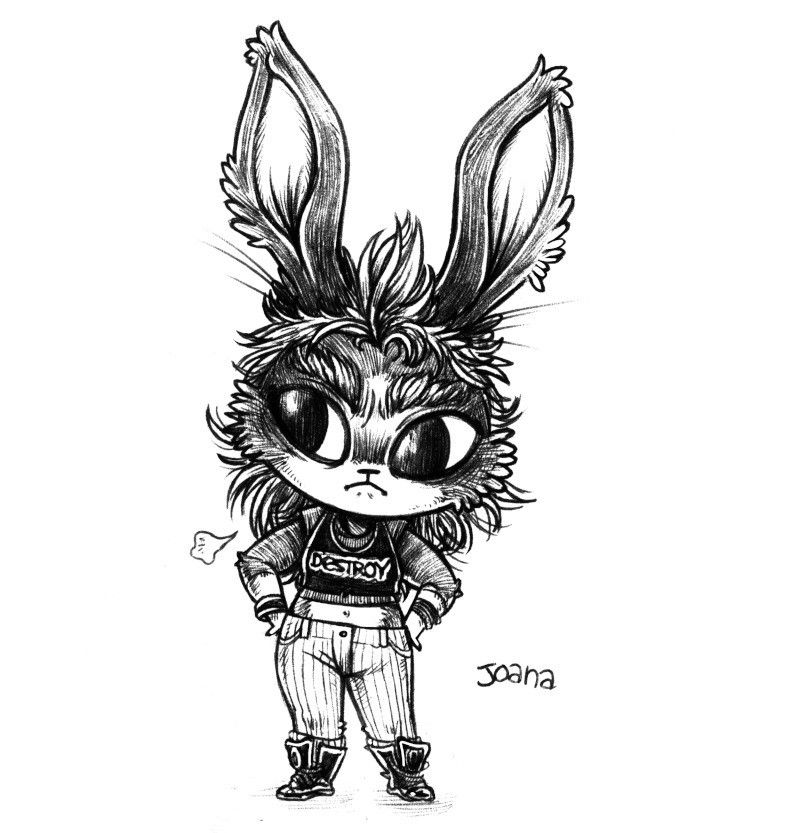 A drawing of a rabbit named Joanna standing with hands on their hips. Joanna has a wild dishevelled hairdo, big tufted eyebrows and dark fur. Joanna's wearing striped pants, combat boots, and a tank that says "Destroy."