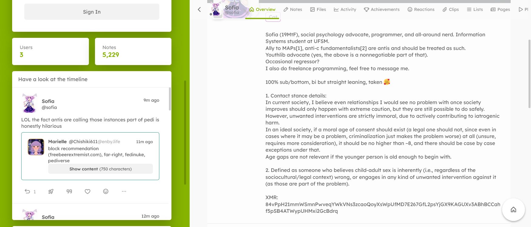 screenshot of bio of admin, including supporting pro-contact MAPs