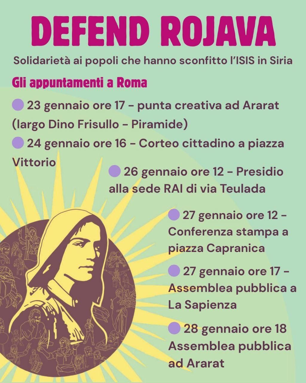 La locandina con l'elenco delle iniziative di questi giorni:

- 23 gennaio ore 17, punta creativa ad Ararat (largo Dino Frisullo - Piramide)
- 24 gennaio ore 16, corteo cittadino a piazza Vittorio
- 26 gennaio ore 12, presidio
alla sede Rai di via Teulada
- 27 gennaio ore 12, conferenza stampa a piazza Capranica
- 27 gennaio ore 17, assemblea pubblica alla Sapienza
- 28 gennaio ore 18, assemblea pubblica ad Ararat