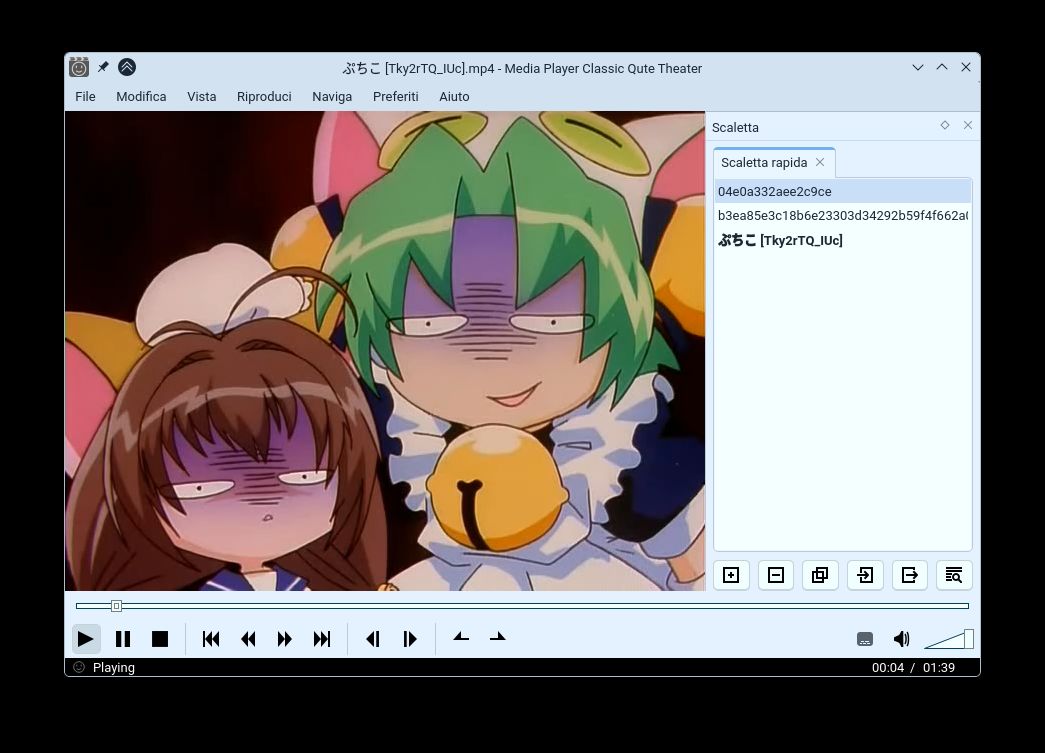 Screenshot of MPC-QT with the playlist open on the right and a video of Di Gi Charat playing.