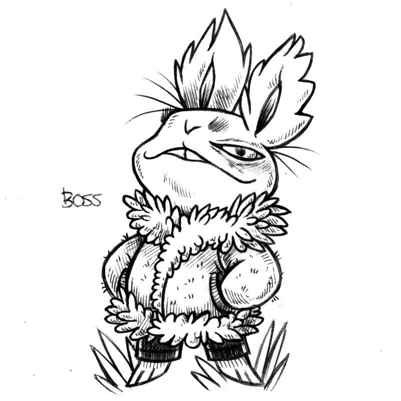 an ink drawing of a humanoid rabbit named Boss, standing, wearing a fuzzy coat with a very fluffy collar and trimmings. Boss is leaning back ever so slightly, looking at you and looking damn cool.