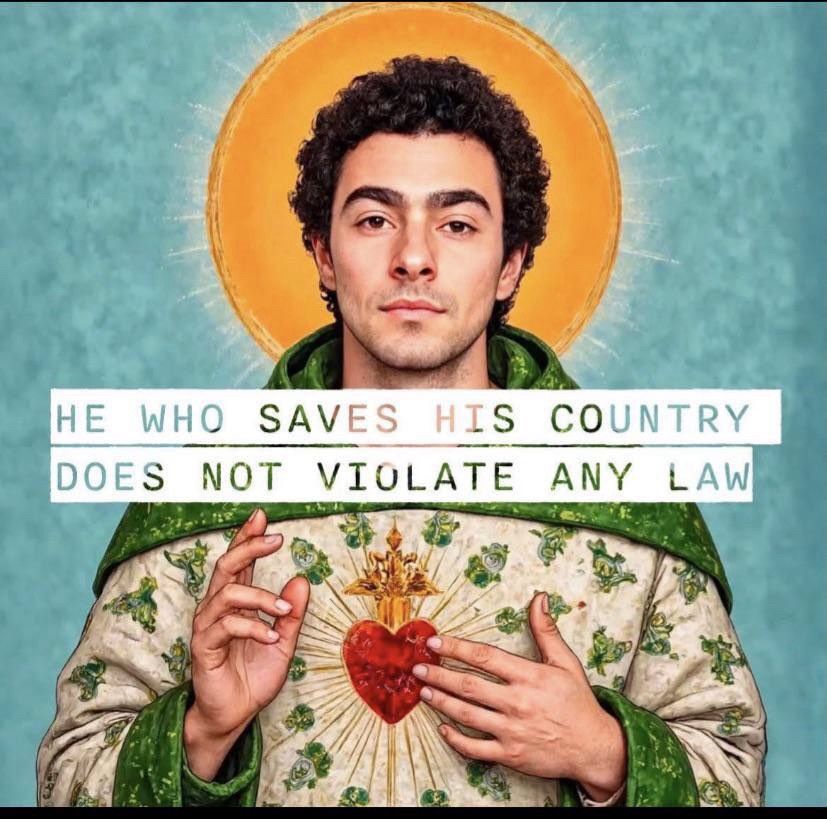 Artwork of Luigi Mangione in the style of a religious icon. He has the sunburst around his head, and is assuming the pose often seen in paintings of martyrs.

Superimposed over it is an ironic use of a phrase uttered by Donald Trump:  "He who saves his country does not violate any law"