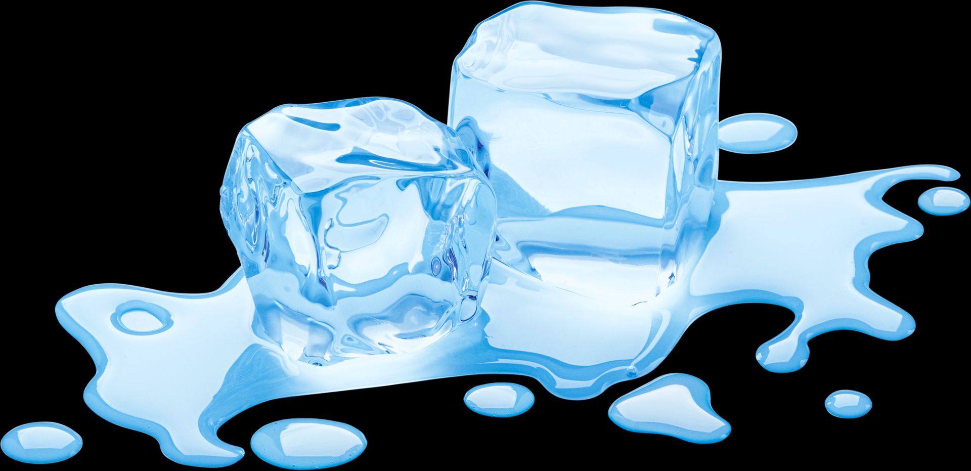 Melting cool, blue ice on a white background.