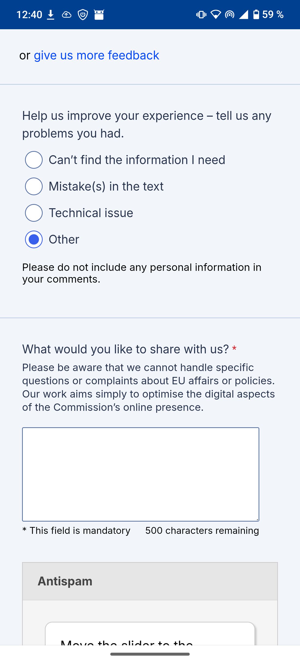 Tap "give us more feedback", select "other" and type in the form on https://commission.europa.eu