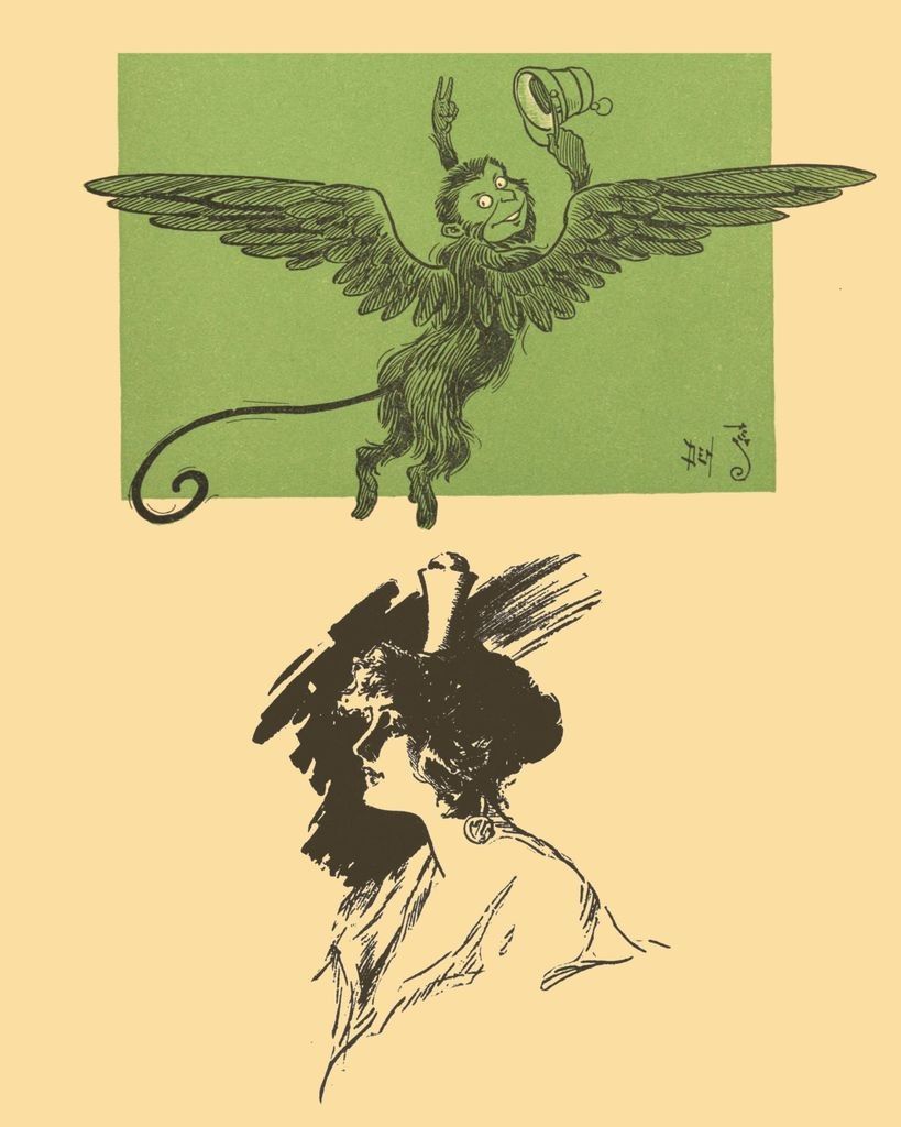 Top: W.W. Desnlow illustration from the original The Wonderful Wizard of Oz book, depicting the King of the Winged Monkeys flying and tipping his hat. Bottom: Jon R. Neill illustration from 'Glinda of Oz', of Glinda the Good.