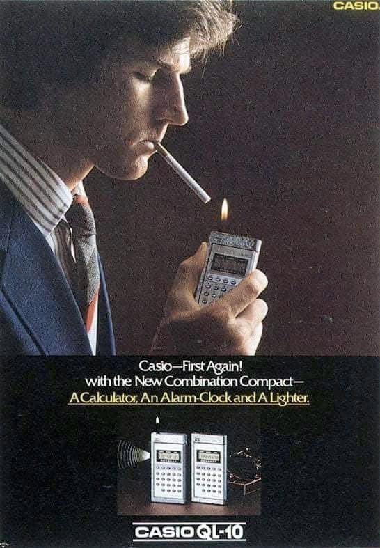Advertisement from 1979 for the Casio QL-10, which is combination calculator, alarm clock and... cigarette lighter.