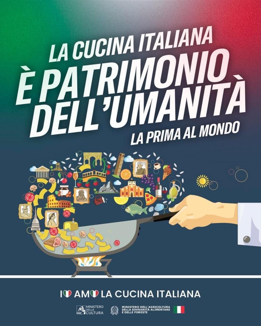 Immagine prodotta dal governo per celebrare la cucina italiana dichiarata patrimoni dell'umanità. su fondo tricolore che sfuma verso il blu una mano fa saltare in padella un misto di pasta e monumenti italiani.