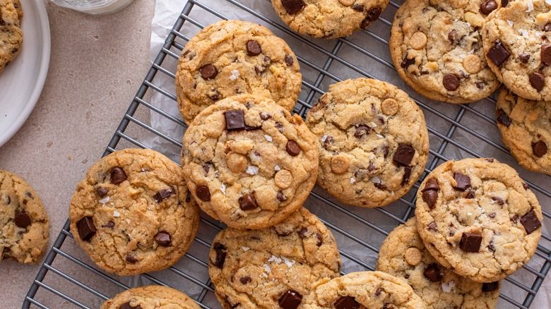 Toffee and Chocolate chip cookies cooling on a wire rack