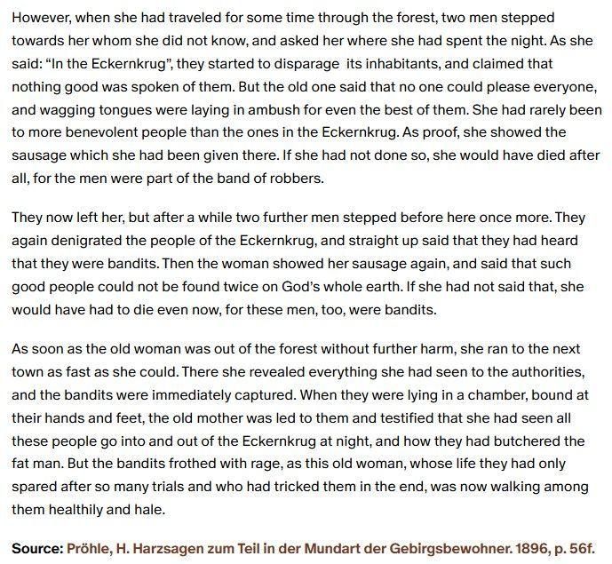 Part 2 of German folk tale "The Bandits of the Eckernkrug Tavern in the Schimmerwald Forest". Drop me a line if you want a machine-readable transcript!