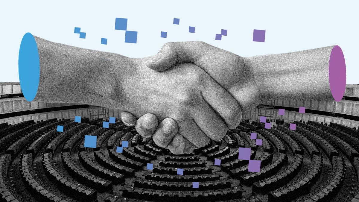 A handshake with a photo of the European Parliament plenary in the background