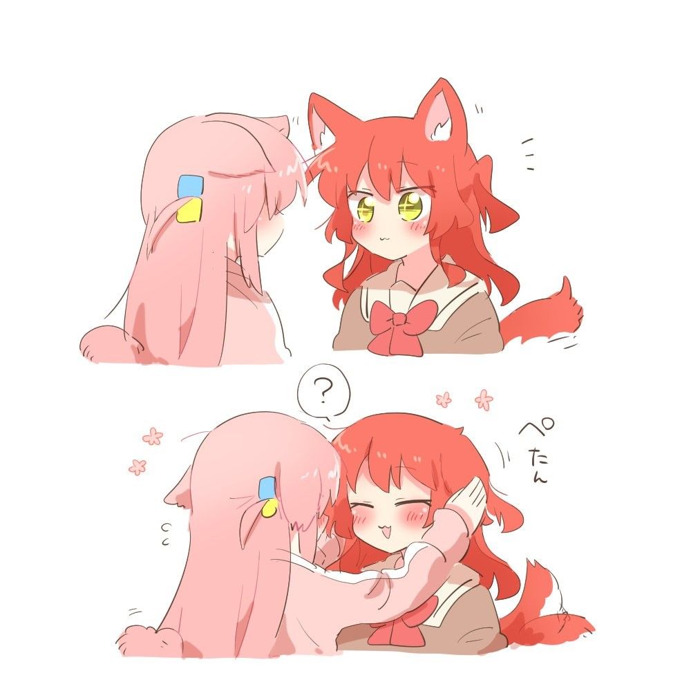 Danbooru tags: 2girls :3 ? animal_ears blush bocchi_the_rock! bow bowtie brown_shirt closed_eyes closed_mouth commentary_request cube_hair_ornament floppy_ears flower flying_sweatdrops fox_ears fox_tail gotoh_hitori hair_ornament hand_on_another's_head jacket kita_ikuyo long_hair multiple_girls open_mouth petting pink_hair pink_jacket pink_track_suit rebecca_(keinelove) red_bow red_bowtie red_hair school_uniform shirt shuka_high_school_uniform side_ahoge side_ponytail simple_background sparkling_eyes tail tail_wagging track_jacket track_suit white_background yellow_eyes yuri