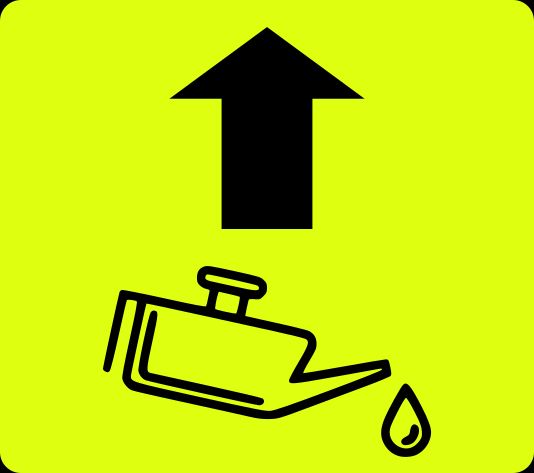 Etichetta gialla con oliatore e freccia che punta verso l'alto