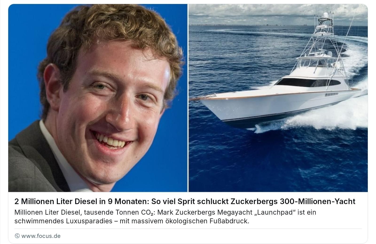 Zuckerberg 300 Millionen Yacht verbraucht den 9 Monaten 2 Millionen Liter Diesel
