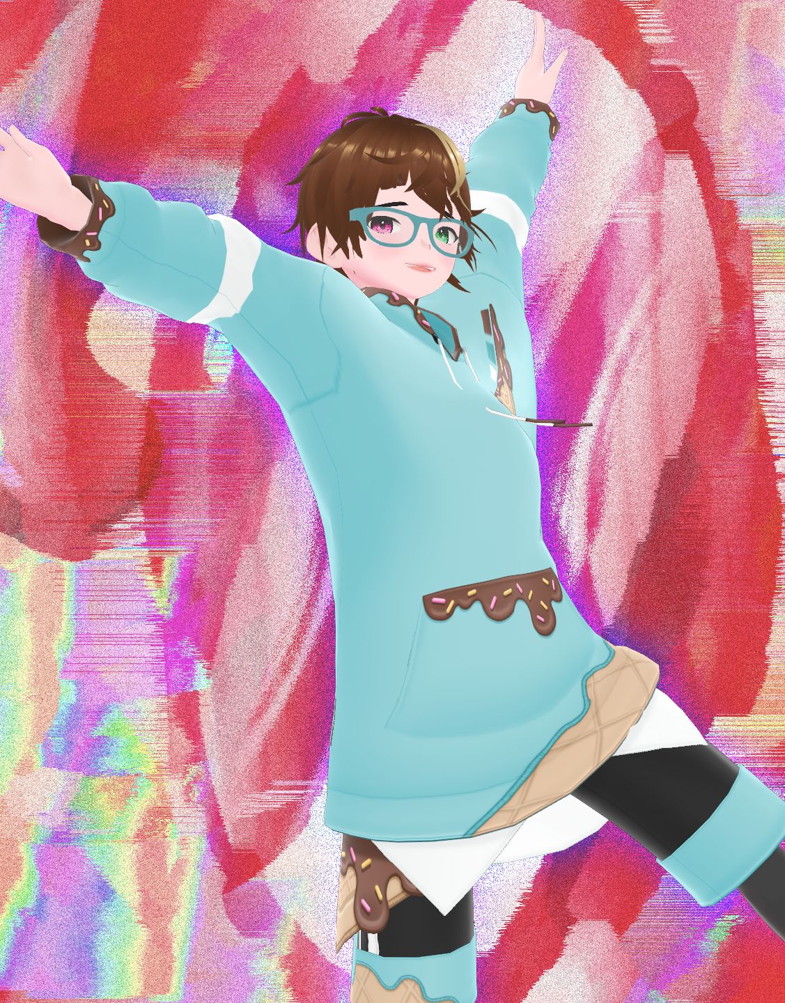 A girl with short brown hair and teal glasses, raising her arms and kicking her left leg excitedly. she's wearing a blue donut-inspired hoodie and black-and-blue shorts.
