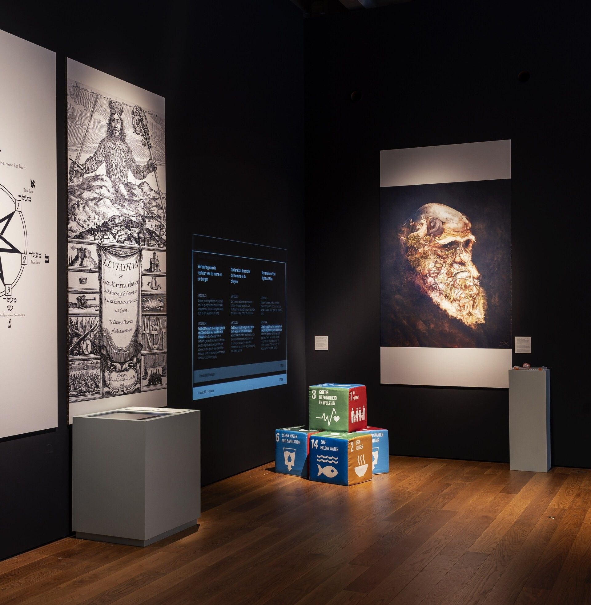 A photo of the room of the "COMPASSION" exhibition at the MAS in Antwerp (Flemish Region of Belgium), A tall room, all black with dim light, and spot light on the portrait printed in big.