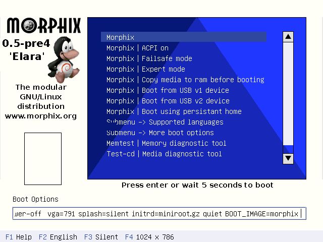 A screenshot of GRUB boot loader - Morphix-branded; looks kind of like Ubuntu