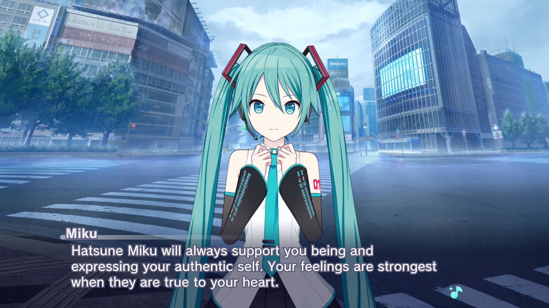 Made from Project Sekai's story board, on the rainy streets of scramble crossing, Hatsune Miku says "Hatsune Miku will always support you being and expressing your authentic self. Your feelings are strongest when they are true to your heart."