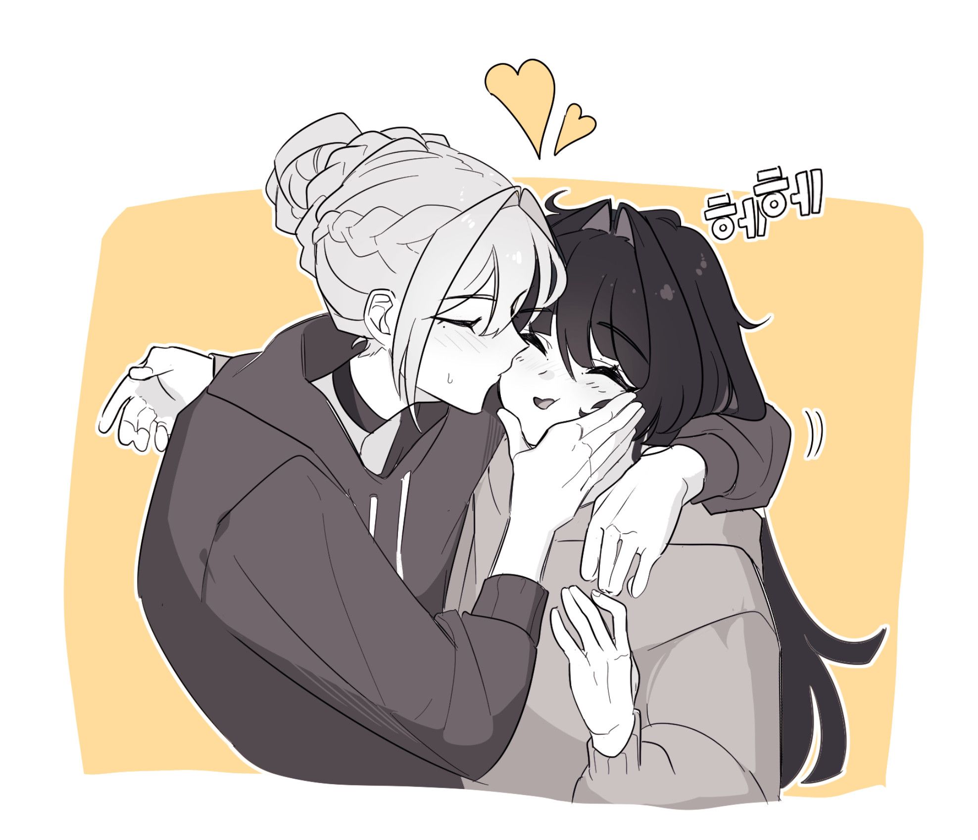 Danbooru tags: 2girls arm_around_neck astra_yao blush border braid braided_bun choker closed_eyes commentary_request evelyn_chevalier hair_bun hair_intakes heart highres hood hoodie kiss kissing_cheek korean_commentary long_sleeves mizmizu27 mole mole_under_eye multiple_girls open_mouth outline outside_border simple_background upper_body white_border white_outline yellow_background yuri zenless_zone_zero