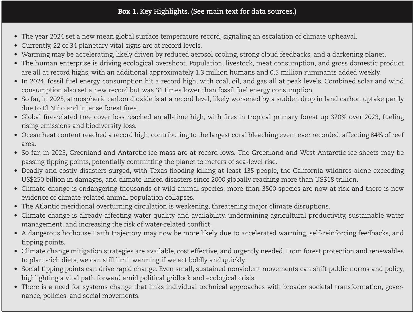 Key highlights of the report.  Text is too long to include in Alt text.

One scary one:

"In 2024, fossil fuel energy consumption hit a record high, with coal, oil, and gas all at peak levels. Combined solar and wind consumption also set a new record but was 31 times lower than fossil fuel energy consumption.”