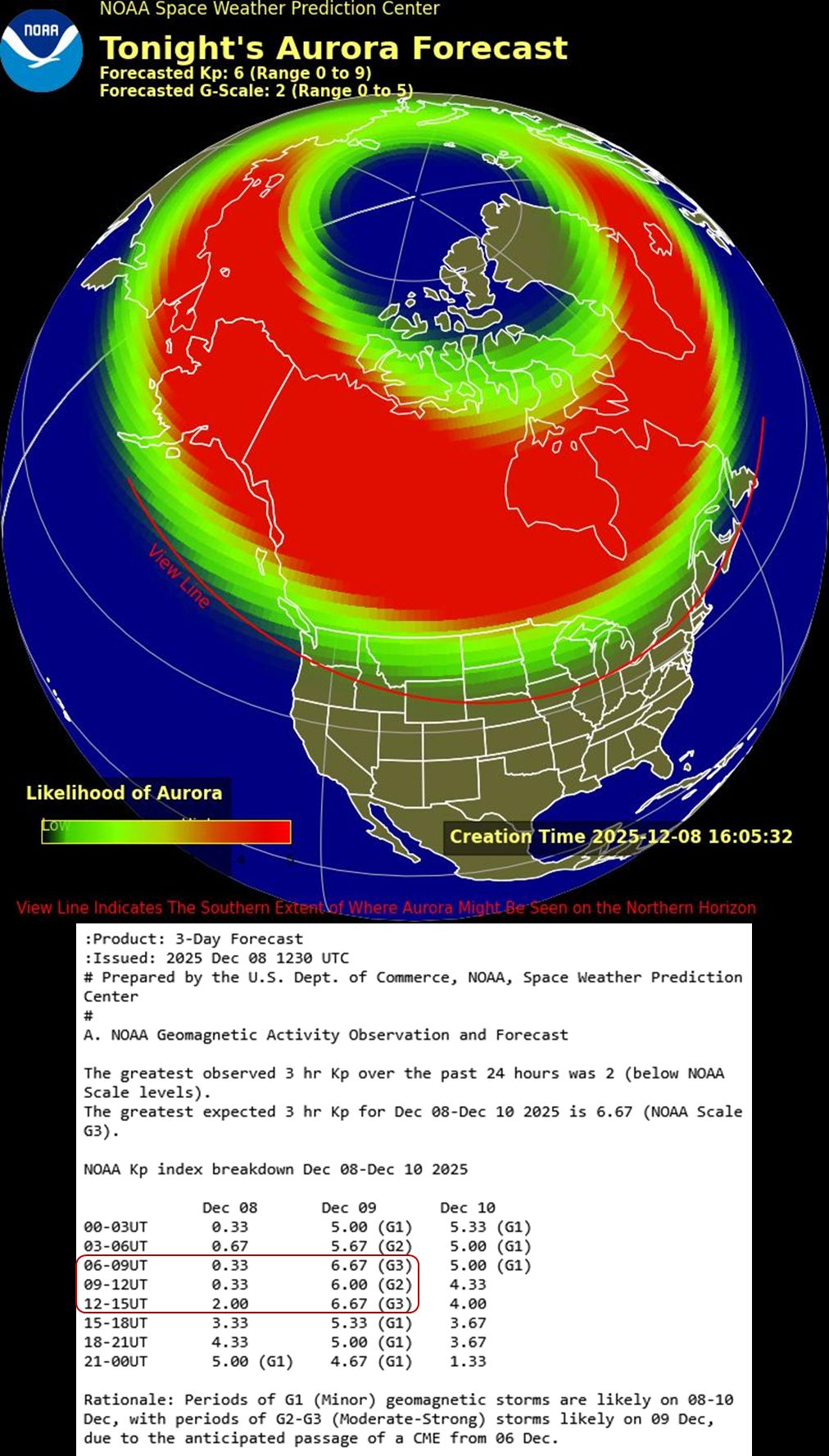 1. Map of aurora viewline tonight
2. Table of Kp Index for the next 3 days.