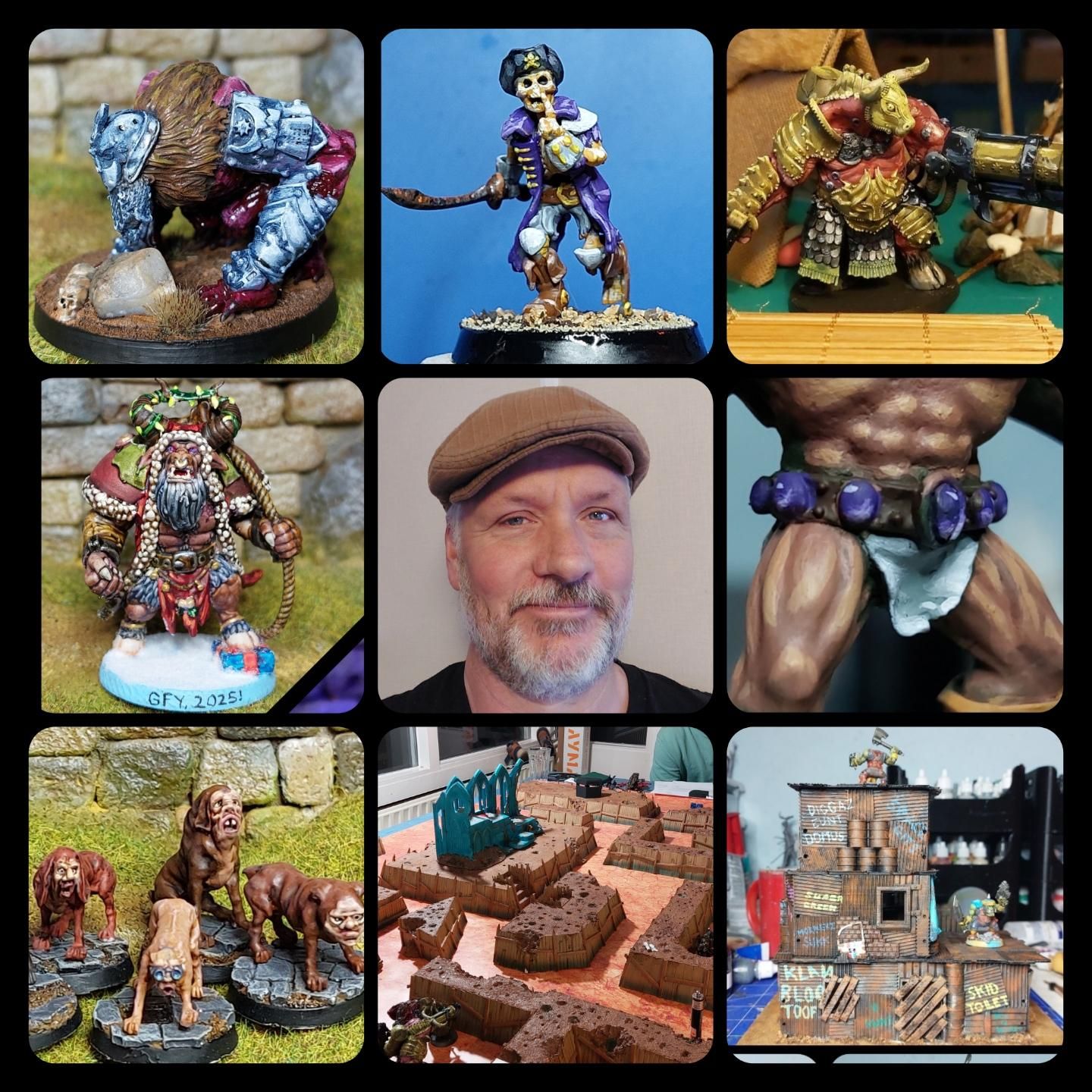 Collage of 9 images, me centre, and clockwise a TC lion of jabir, a sneaky skeleton with a scimitar and pirate hat, a TC bull with sword and gun and armour, Thrud the Barbarian in a white loincloth with purple gemstones on his belt, an Ork shanty house, a table full of trenches and a ruin, a bunch of dogs with man faces, and Christmas blood bowl krampus