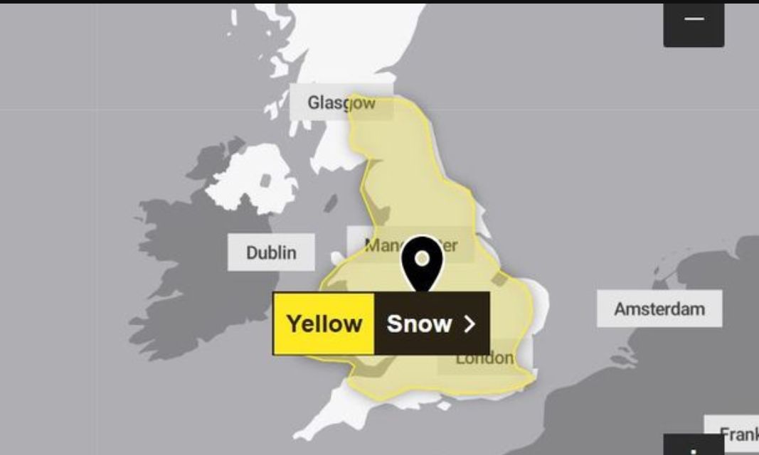 A UK weather warning shows a map of  UK with the words "yellow snow" written across a section of it.

To Canadians and others in snowy places it sounds like someone, or their dog, peed in the snow everywhere.