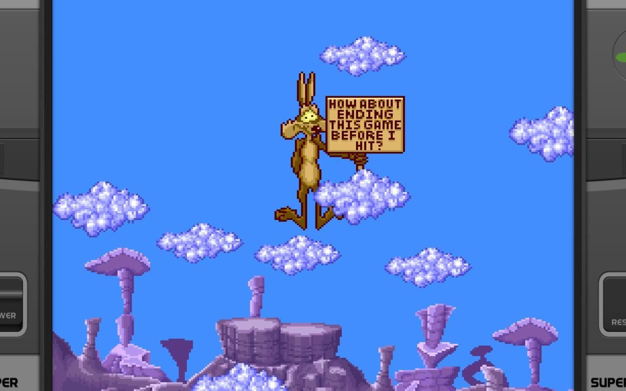 A screenshot from the ending of Road Runner in Death Valley Rally.
After defeating the giant mecha Coyote in space, Wile E Coyote falls back down to earth.
As he falls, he pulls out a sign that says, "How about ending this game before I hit?"
