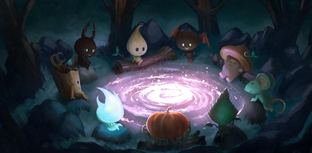 Drawing of Spritely characters (by David Revoy!) gathered around a galaxy-campfire. We're making a new future together!