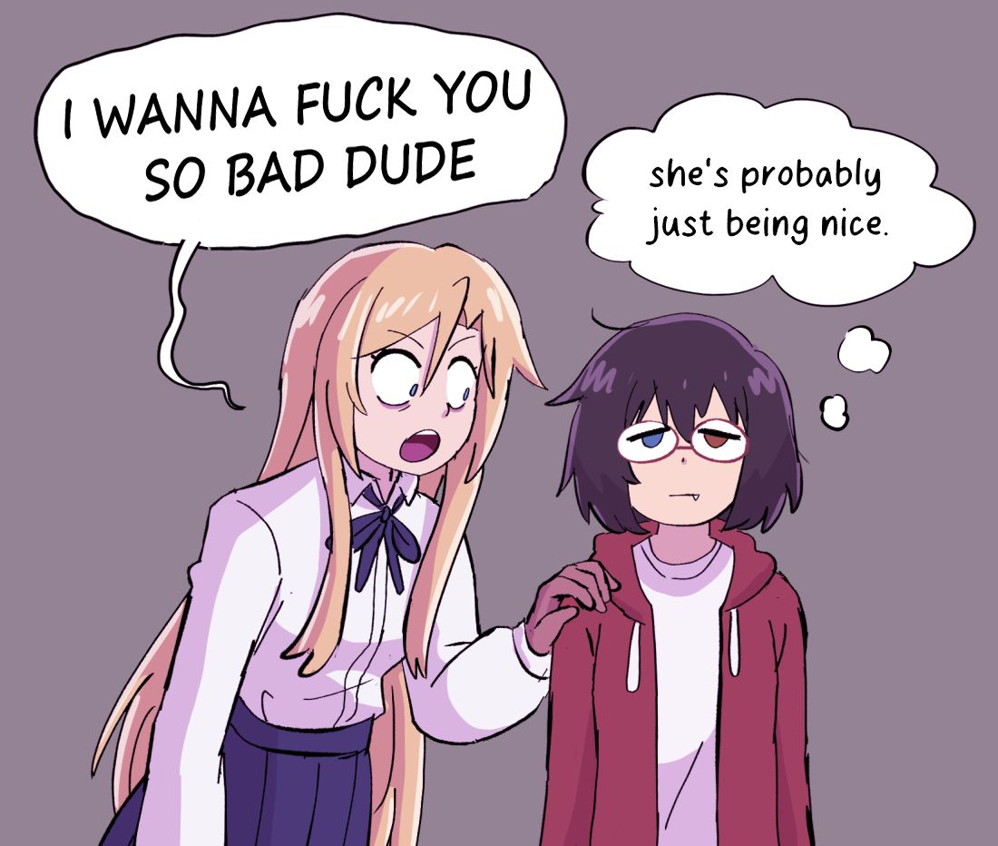 Danbooru tags: 2girls alt_text black_hair black_skirt blonde_hair blue_eyes brown_eyes brown_gloves eggtempest english_commentary english_text fang fang_out glasses gloves grey_background hair_between_eyes hand_on_another's_shoulder heterochromia hood hood_down hoodie kamikoshi_sorawo long_hair long_sleeves looking_at_viewer medium_hair multiple_girls nishina_toriko open_clothes open_hoodie open_mouth pleated_skirt profanity red_hoodie semi-rimless_eyewear shirt simple_background skirt urasekai_picnic white_shirt yuri