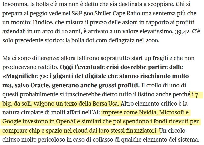Estratto da "Scoppierà la bolla dell’Intelligenza artificiale?" di Massimo Gaggi sul corriere della sera, evidenziando la natura circolare delle aziende tech che da sole valgono un terzo della borsa USA