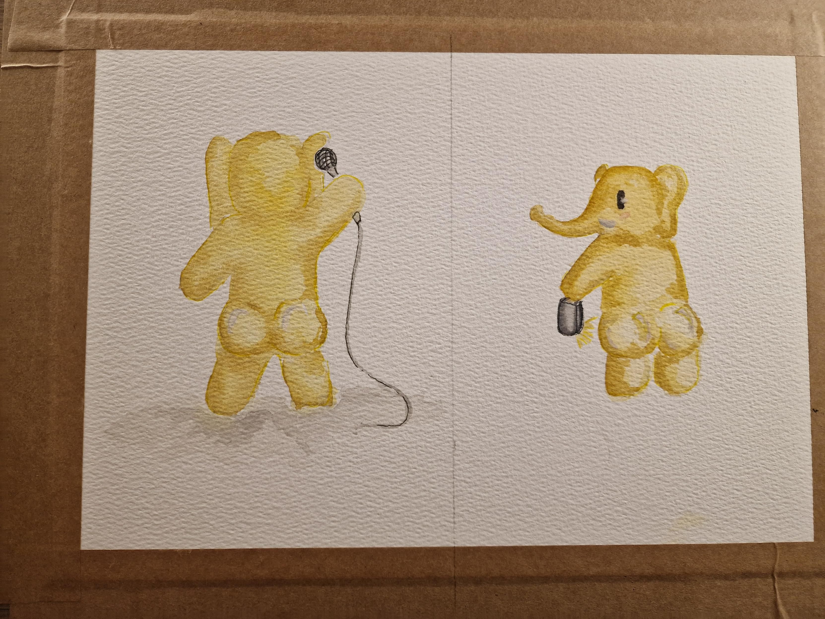 Two more watercolours of the mastodon elephant. One he's standing on stage holding up a mic, the other he's taking a selfie of his bum