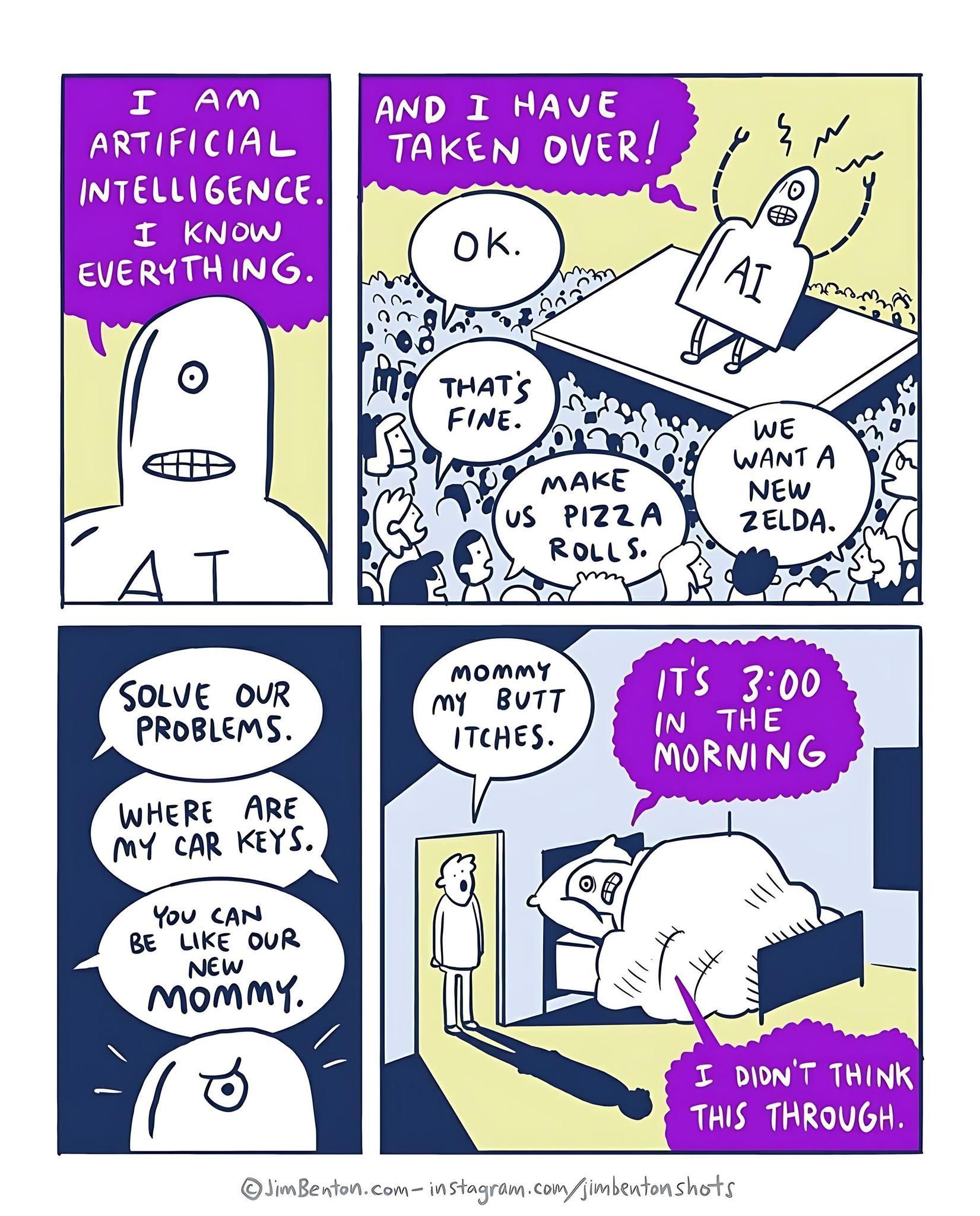 Cartoon of AI finding out that human needs are not as it expected.