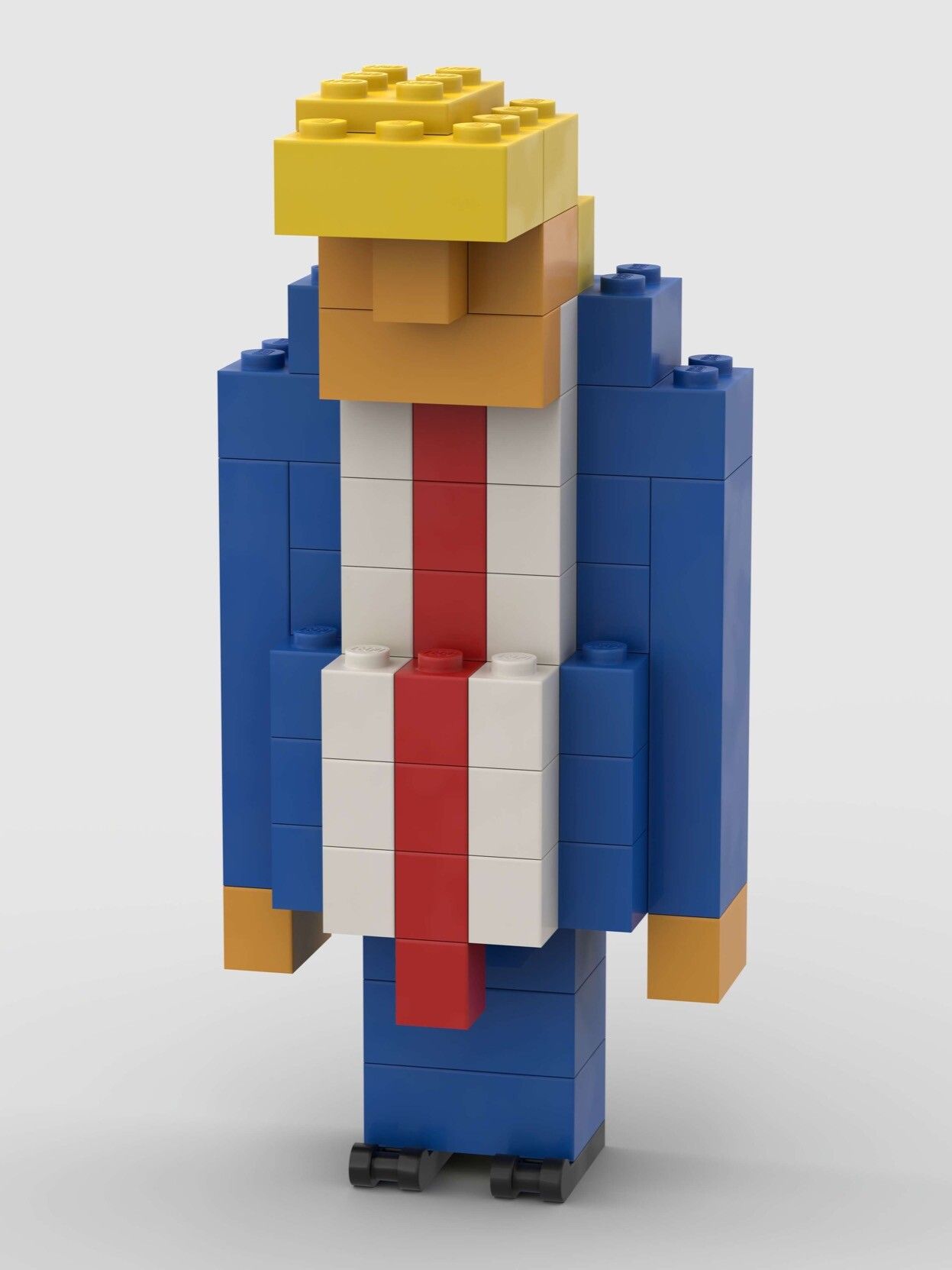 Grumpy Donald Trump as a LEGO build (front view).