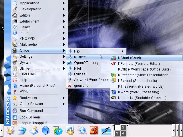Knoppix 3.2 screenshot running KDE3, showing many many programs preinstalled, including KOffice, Open Office, and AbiWord, and even Wine