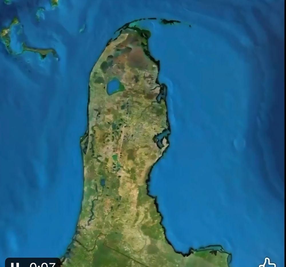 A green florida against a blue sea, tipped upside down and looking like the Grinch's head 