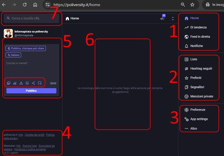 la schermata web di Mastodon divisa in 7 aree funzionali