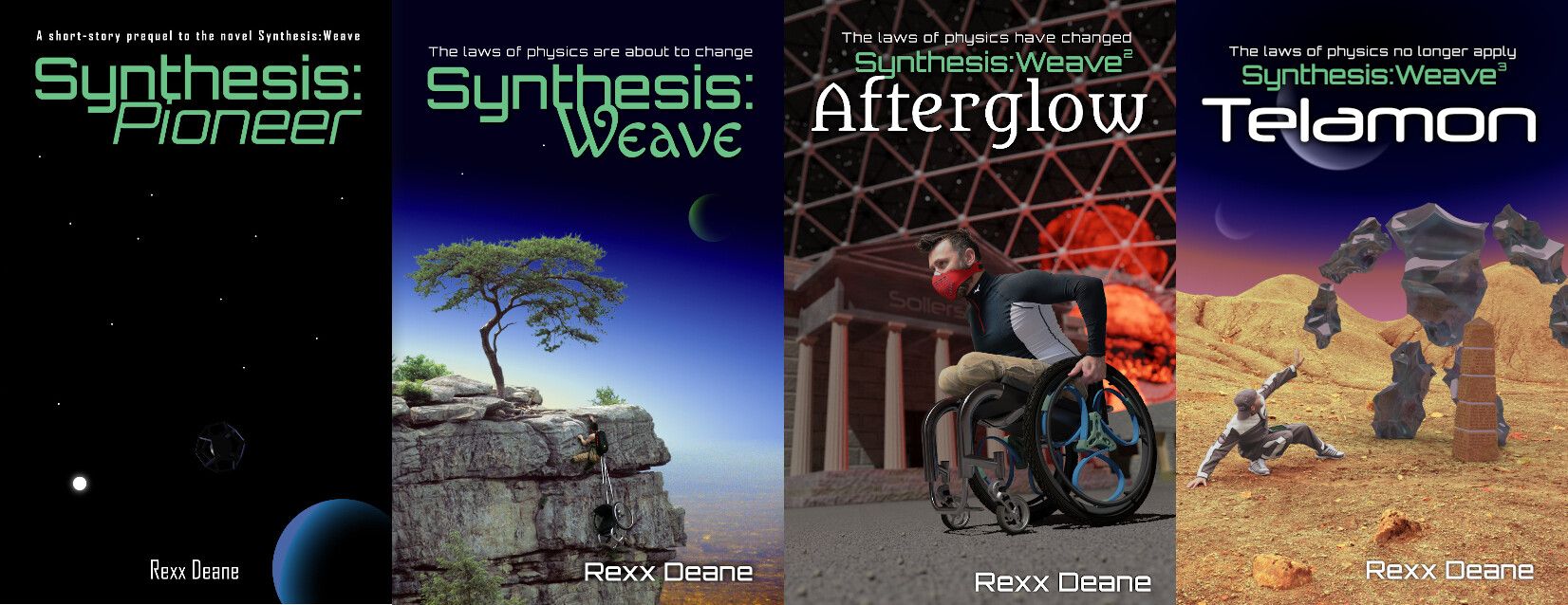 A montage of four different book covers: Synthesis:Pioneer, showing a starscape with a small blue planet and larger bright sun nearby. In the foreground is a pentagonal dodecahedron shaped frame.
The second cover (Synthesis:Weave) shows a tree growing atop a cliff, with a darkening sky behind above a golden savannah. A man with no legs and a wheelchair hanging from a strap climbs a cliff towards the tree.
The second boo (Synthesis:Weave Afterglow) shows the same man wheeling past a building with a neo-classical building with pillars, heading away from an explosion.
The third book (Synthesis:Weave Telamon) shows a man in a sandy alien landscape cowering before a crystalline 'golem' creature. Next to him is a strangely etched obelisk.
