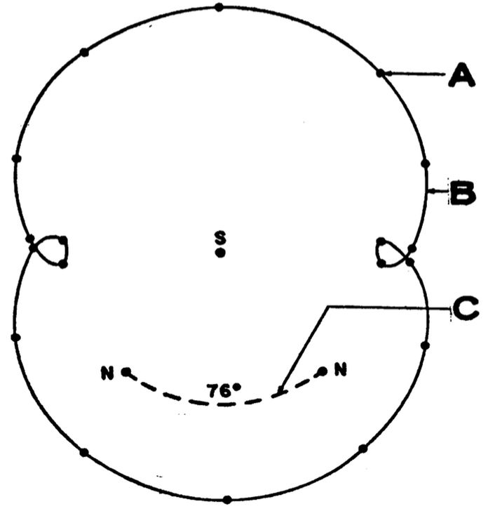 A figure from a paper showing Pluto's motion relative to Neptune's over 120,000 years.  Pluto makes almost a circle, but with two little loops 90 degrees from Neptune's position.
