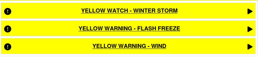 screenshot of weather warnings from Weather Canada: "Winter Storm", "Flash Freeze", and "Wind"
