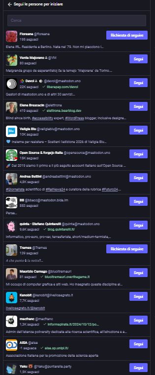 la schermata con i profili consigliati