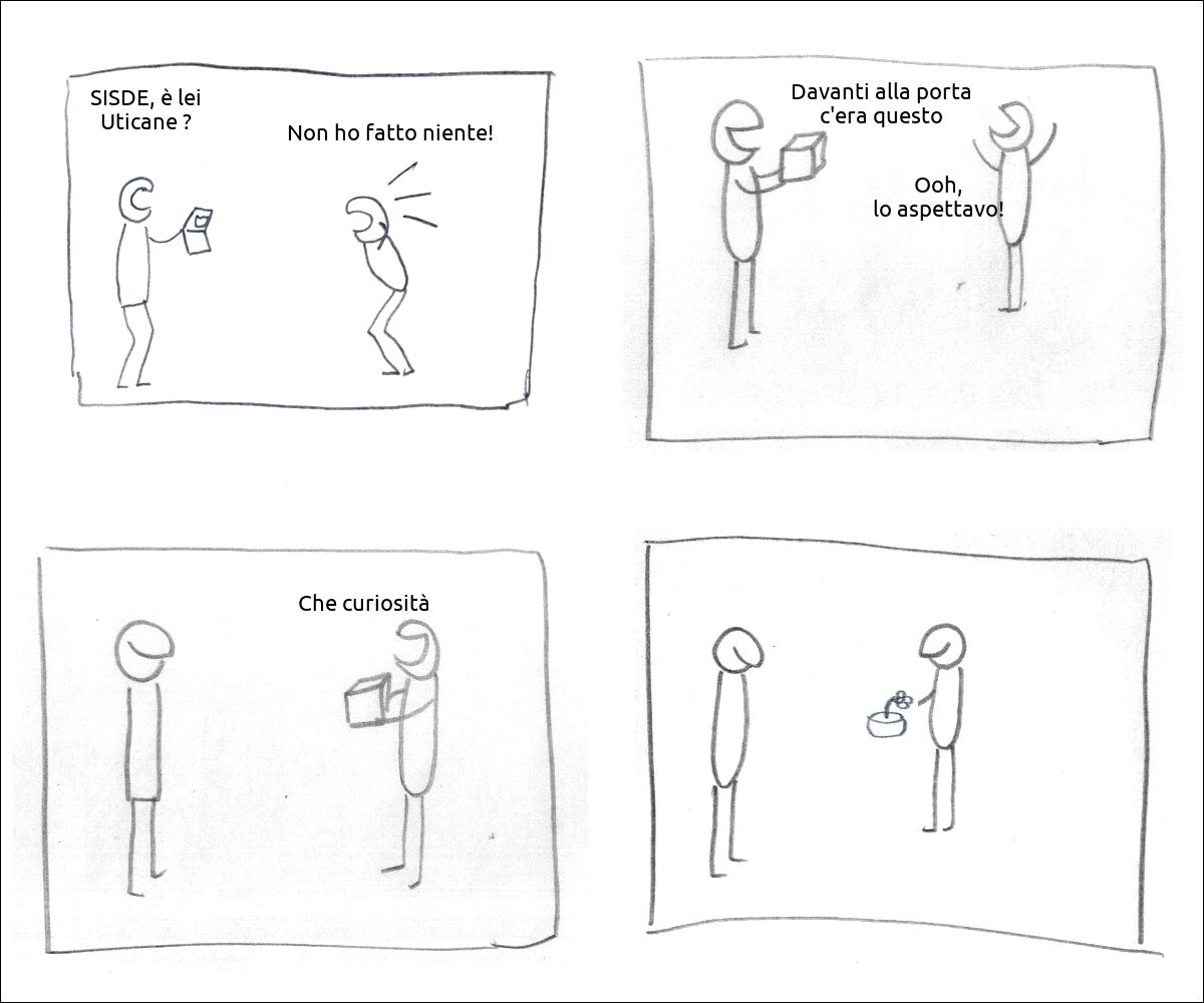 una guardia mostra il distintivo e dice: «SISDE, è lei Uticane ?» e un tizio risponde «Non ho fatto niente!»
il primo porge un pacco dicendo: «Davanti alla porta c'era questo», il secondo risponde: «Ooh, lo aspettavo!»
il secondo tizio ringrazia dicendo: «Che curiosità»
dentro il pacco c'era un fiore  il tizio è soddisfatto

