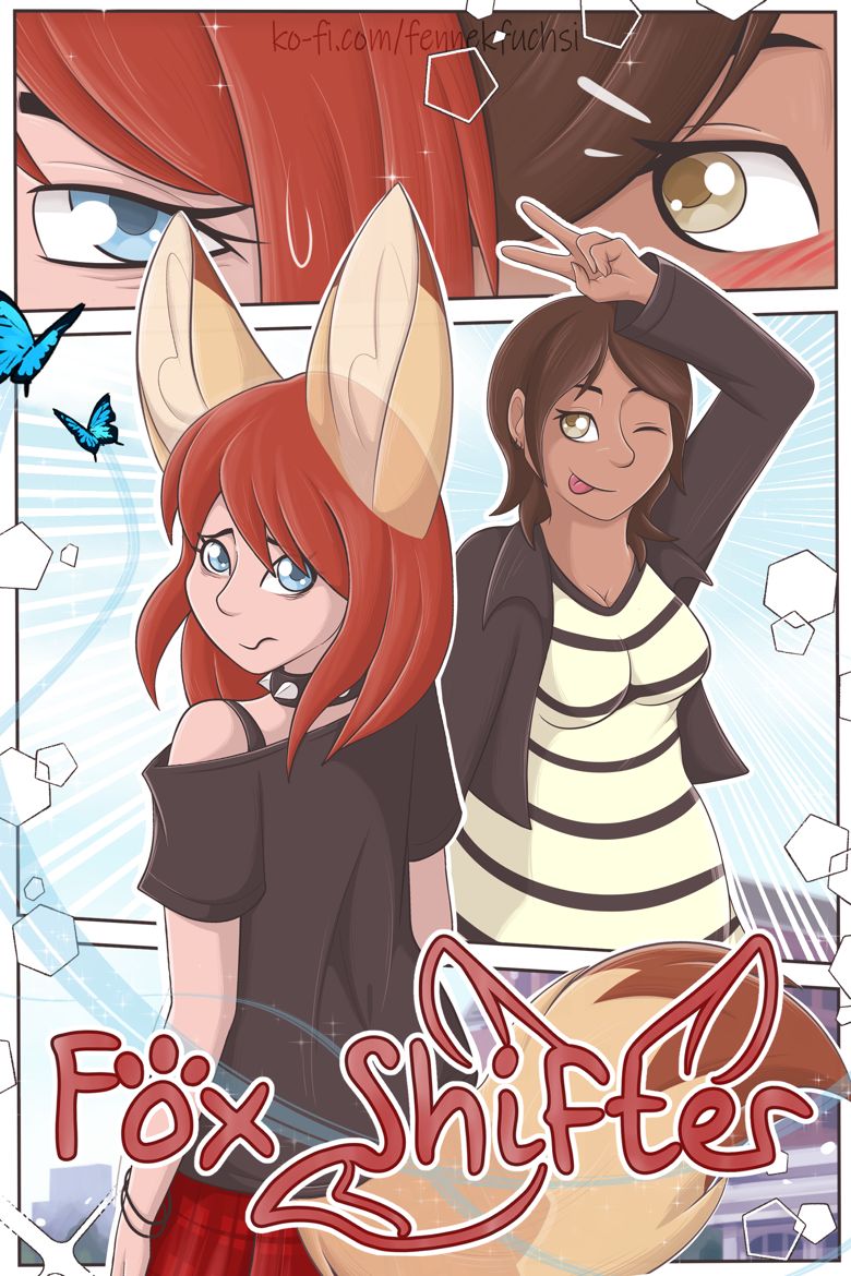 A shy Red haired Girl with blue eyes looking back to us. She have fennec fox ears and a fluffy tail. In the Background smiles a chubby Girl in a sassy pose with short brown hair. On the Top you can see the eyes of the girls and the Girl with brown hair looks to the other Girl and blushes. Fox Shifter stays on the Ground.