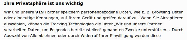 Ihre Privatsphére ist uns wichtig

Wir und unsere 919 Partner speichern personenbezogene Daten, wie z. B. Browsing-Daten
oder eindeutige Kennungen, auf Ihrem Gert und greifen darauf zu . Wenn Sie Akzeptieren
auswahlen, kénnen die Tracking Technologien die unter ,Wir und unsere Partner
Verarbeiten Daten, um Folgendes bereitzustellen” genannten Zwecke unterstiitzen. . Durch
Auswahl von Alle ablehnen oder durch Widerruf Ihrer Einwilligung werden diese

