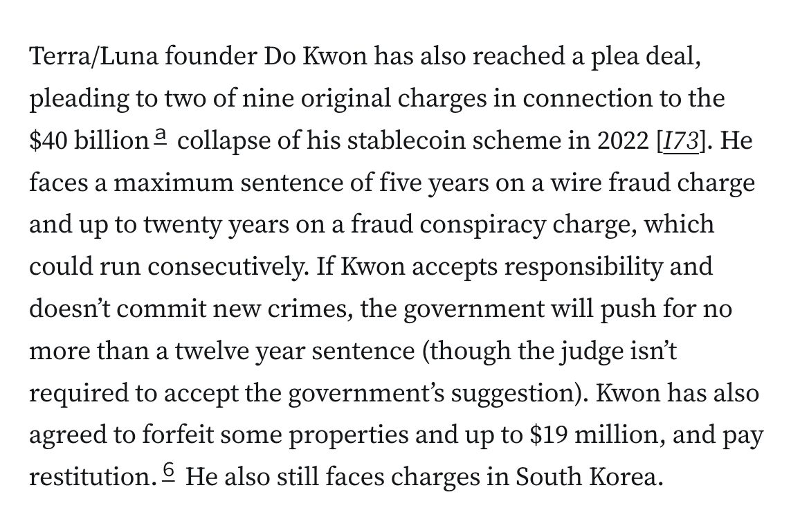 Terra/Luna founder Do Kwon has also reached a plea deal, pleading to two of nine original charges in connection to the $40 billiona collapse of his stablecoin scheme in 2022 [I73]. He faces a maximum sentence of five years on a wire fraud charge and up to twenty years on a fraud conspiracy charge, which could run consecutively. If Kwon accepts responsibility and doesn’t commit new crimes, the government will push for no more than a twelve year sentence (though the judge isn’t required to accept the government’s suggestion). Kwon has also agreed to forfeit some properties and up to $19 million, and pay restitution.6 He also still faces charges in South Korea.